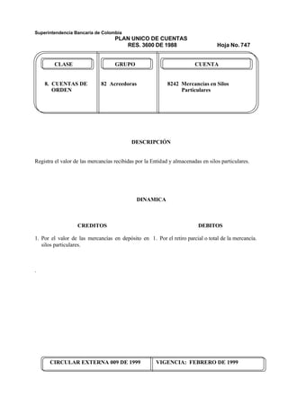 Superintendencia Bancaria de Colombia
PLAN UNICO DE CUENTAS
RES. 3600 DE 1988 Hoja No. 747
CIRCULAR EXTERNA 009 DE 1999 VIGENCIA: FEBRERO DE 1999
CLASE GRUPO CUENTA
8. CUENTAS DE 82 Acreedoras 8242 Mercancías en Silos
ORDEN Particulares
DESCRIPCIÓN
Registra el valor de las mercancías recibidas por la Entidad y almacenadas en silos particulares.
DINAMICA
CREDITOS
1. Por el valor de las mercancías en depósito en
silos particulares.
.
DEBITOS
1. Por el retiro parcial o total de la mercancía.
 