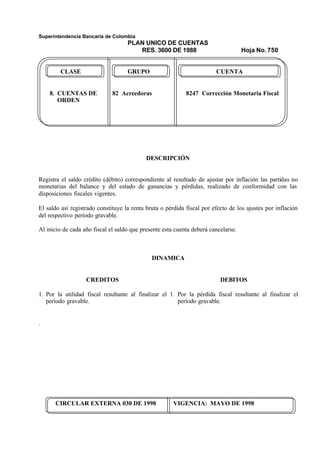 Superintendencia Bancaria de Colombia
PLAN UNICO DE CUENTAS
RES. 3600 DE 1988 Hoja No. 750
CIRCULAR EXTERNA 030 DE 1998 VIGENCIA: MAYO DE 1998
CLASE GRUPO CUENTA
8. CUENTAS DE 82 Acreedoras 8247 Corrección Monetaria Fiscal
ORDEN
DESCRIPCIÓN
Registra el saldo crédito (débito) correspondiente al resultado de ajustar por inflación las partidas no
monetarias del balance y del estado de ganancias y pérdidas, realizado de conformidad con las
disposiciones fiscales vigentes.
El saldo así registrado constituye la renta bruta o pérdida fiscal por efecto de los ajustes por inflación
del respectivo período gravable.
Al inicio de cada año fiscal el saldo que presente esta cuenta deberá cancelarse.
DINAMICA
CREDITOS
1. Por la utilidad fiscal resultante al finalizar el
período gravable.
.
DEBITOS
1. Por la pérdida fiscal resultante al finalizar el
período gravable.
 