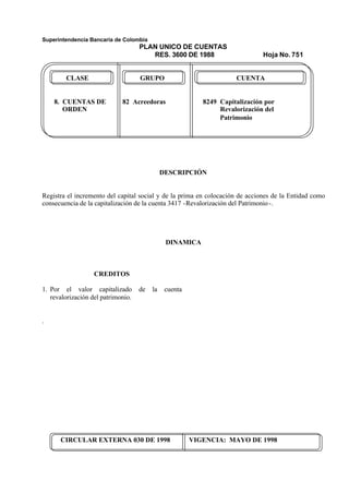 Superintendencia Bancaria de Colombia
PLAN UNICO DE CUENTAS
RES. 3600 DE 1988 Hoja No. 751
CIRCULAR EXTERNA 030 DE 1998 VIGENCIA: MAYO DE 1998
CLASE GRUPO CUENTA
8. CUENTAS DE 82 Acreedoras 8249 Capitalización por
ORDEN Revalorización del
Patrimonio
DESCRIPCIÓN
Registra el incremento del capital social y de la prima en colocación de acciones de la Entidad como
consecuencia de la capitalización de la cuenta 3417 -Revalorización del Patrimonio-.
DINAMICA
CREDITOS
1. Por el valor capitalizado de la cuenta
revalorización del patrimonio.
.
 