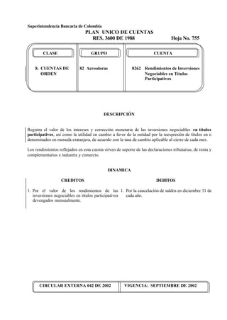 Superintendencia Bancaria de Colombia
PLAN UNICO DE CUENTAS
RES. 3600 DE 1988 Hoja No. 755
CIRCULAR EXTERNA 042 DE 2002 VIGENCIA: SEPTIEMBRE DE 2002
CLASE GRUPO CUENTA
8. CUENTAS DE 82 Acreedoras 8262 Rendimientos de Inversiones
ORDEN Negociables en Títulos
Participativos
DESCRIPCIÓN
Registra el valor de los intereses y corrección monetaria de las inversiones negociables en títulos
participativos, así como la utilidad en cambio a favor de la entidad por la reexpresión de títulos en o
denominados en moneda extranjera, de acuerdo con la tasa de cambio aplicable al cierre de cada mes.
Los rendimientos reflejados en esta cuenta sirven de soporte de las declaraciones tributarias, de renta y
complementarios e industria y comercio.
DINAMICA
CREDITOS
1. Por el valor de los rendimientos de las
inversiones negociables en títulos participativos
devengados mensualmente.
DEBITOS
1. Por la cancelación de saldos en diciembre 31 de
cada año.
 