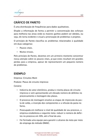 102
Formação de Green Belts Lean 6 Sigma
Prof. Alexandre Andrioli Iwankio
GRÁFICO DE PARETO
É uma distribuição de frequências para dados qualitativos.
Dispõe a informação de forma a permitir a concentração dos esforços
para melhoria nas áreas onde os maiores ganhos podem ser obtidos, ou
seja, ele torna evidente e visual a priorização de problemas e projetos.
O princípio de Pareto classifica os problemas relacionados à qualidade
em duas categorias:
• Poucos vitais.
• Muitos triviais.
Pelo princípio de Pareto, devemos em um primeiro momento concentrar
nossa atenção sobre os poucos vitais, já que estes resultam em grandes
perdas para a empresa, apesar de representarem um pequeno número
de problemas.
EXEMPLO
Empresa: Circuitos Mont
Produto: Placas de circuito impresso
Cenário:
• Indústria do setor eletrônico, produz e monta placas de circuito
impresso e vem apresentando um elevado número de defeitos no
processamento e montagem das placas.
• O processo de montagem envolve as etapas de impressão da pas-
ta de solda, a inserção dos componentes e a refusão da pasta no
forno.
• Preocupada em melhorar o nível de qualidade de seu processo, a
empresa estabeleceu a seguinte meta: reduzir o número de defei-
tos no processo em 40%, até o final do ano.
• Foi formada uma equipe para garantir o alcance da meta por meio
do emprego do método DMAIC.
 