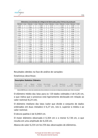 116
Formação de Green Belts Lean 6 Sigma
Prof. Alexandre Andrioli Iwankio
Diâmetro Linha Diâmetro Linha Diâmetro Linha Diâmetro Linha Diâmetro Linha Diâmetro Linha
6.258 1 6.311 2 6.293 3 6.314 1 6.303 2 6.300 3
6.293 1 6.320 2 6.260 3 6.177 1 6.334 2 6.391 3
6.201 1 6.272 2 6.336 3 6.310 1 6.365 2 6.389 3
6.378 1 6.379 2 6.341 3 6.316 1 6.339 2 6.393 3
6.375 1 6.303 2 6.334 3 6.337 1 6.318 2 6.301 3
6.309 1 6.198 2 6.360 3 6.390 1 6.337 2 6.391 3
6.371 1 6.398 2 6.371 3 6.373 1 6.391 2 6.397 3
6.339 1 6.143 2 6.340 3 6.300 1 6.389 2 6.376 3
6.176 1 6.177 2 6.355 3 6.335 1 6.363 2 6.393 3
6.333 1 6.331 2 6.343 3 6.330 1 6.313 2 6.306 3
6.375 1 6.166 2 6.397 3 6.386 1 6.138 2 6.341 3
6.349 1 6.387 2 6.330 3 6.330 1 6.343 2 6.367 3
6.339 1 6.353 2 6.364 3 6.390 1 6.383 2 6.307 3
6.315 1 6.351 2 6.365 3 6.344 1 6.339 2 6.313 3
6.358 1 6.339 2 6.158 3 6.385 1 6.156 2 6.310 3
6.374 1 6.301 2 6.307 3 6.397 1 6.347 2 6.383 3
6.376 1 6.377 2 6.381 3 6.369 1 6.334 2 6.346 3
6.383 1 6.339 2 6.369 3 6.368 1 6.388 2 6.375 3
6.303 1 6.343 2 6.350 3 6.365 1 6.330 2 6.384 3
6.341 1 6.346 2 6.393 3 6.360 1 6.330 2 6.359 3
Diâmetros (cm) de latas de refrigerante fabricadas pelas3 linhas de produção
Resultados obtidos na fase de análise de variações:
Estatísticas descritivas:
Saída do MINITAB para o cálculo das estatísticas descritivas do diâmetro (cm) das latas de refrigerantes produzidas pelas 3 linhas de produção
Descriptive Statistics: Diâmetro
Variable N Mean StDev Minimum Q1 Median Q3 Maximum
Diâmetro 120 6,2630 0,0464 6,1380 6,2343 6,2700 6,2928 6,3640
O diâmetro médio das latas para os 120 dados coletados é de 6,26 cm,
o que indica que o processo está ligeiramente deslocado em relação ao
valor nominal (6,24 cm).
O diâmetro mediano das latas (valor que divide o conjunto de dados
ordenados em duas metades) é 6,27 cm, isto é, superior à média e ao
valor nominal.
O desvio padrão é de 0,0464 cm.
O maior diâmetro observado é 6,364 cm e o menor 6,138 cm, o que
resulta em uma amplitude de 0,226 cm.
Abaixo do valor 6,234 cm há 25% das observações de diâmetros.
 