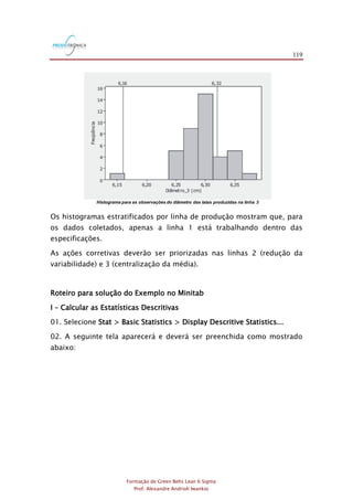 119
Formação de Green Belts Lean 6 Sigma
Prof. Alexandre Andrioli Iwankio
Histograma para as observações do diâmetro das latas produzidas na linha 3
Os histogramas estratificados por linha de produção mostram que, para
os dados coletados, apenas a linha 1 está trabalhando dentro das
especificações.
As ações corretivas deverão ser priorizadas nas linhas 2 (redução da
variabilidade) e 3 (centralização da média).
Roteiro para solução do Exemplo no Minitab
I – Calcular as Estatísticas Descritivas
01. Selecione Stat > Basic Statistics > Display Descritive Statistics...
02. A seguinte tela aparecerá e deverá ser preenchida como mostrado
abaixo:
 