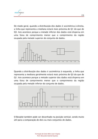 128
Formação de Green Belts Lean 6 Sigma
Prof. Alexandre Andrioli Iwankio
De modo geral, quando a distribuição dos dados é assimétrica à direita,
a linha que representa a mediana estará mais próxima de Q1 do que de
Q3. Isto acontece porque a metade inferior dos dados está dispersa em
uma faixa de comprimento menor que o comprimento da região
ocupada pela metade superior do conjunto de dados.
Quando a distribuição dos dados é assimétrica à esquerda, a linha que
representa a mediana geralmente estará mais próxima de Q3 do que de
Q1. Isto acontece porque a metade superior dos dados está dispersa em
uma faixa de comprimento menor que o comprimento da região
ocupada pela metade inferior do conjunto de dados.
O Boxplot também pode ser desenhado na posição vertical, sendo muito
útil para a comparação de dois ou mais conjuntos de dados.
 