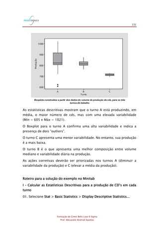 131
Formação de Green Belts Lean 6 Sigma
Prof. Alexandre Andrioli Iwankio
Boxplots construídos a partir dos dados do volume de produção de cds, para os três
turnos de trabalho
Turno
Produção
CBA
1000
900
800
700
600
As estatísticas descritivas mostram que o turno A está produzindo, em
média, o maior número de cds, mas com uma elevada variabilidade
(Mín = 605 e Máx = 1021).
O Boxplot para o turno A confirma uma alta variabilidade e indica a
presença de dois “outliers”.
O turno C apresenta uma menor variabilidade. No entanto, sua produção
é a mais baixa.
O turno B é o que apresenta uma melhor composição entre volume
mediano e variabilidade diária na produção.
As ações corretivas deverão ser priorizadas nos turnos A (diminuir a
variabilidade da produção) e C (elevar a média da produção).
Roteiro para a solução do exemplo no Minitab
I – Calcular as Estatísticas Descritivas para a produção de CD‟s em cada
turno
01. Selecione Stat > Basic Statistics > Display Descriptive Statistics...
 