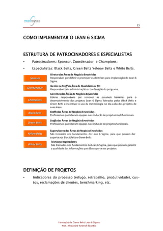 15
Formação de Green Belts Lean 6 Sigma
Prof. Alexandre Andrioli Iwankio
COMO IMPLEMENTAR O LEAN 6 SIGMA
ESTRUTURA DE PATROCINADORES E ESPECIALISTAS
• Patrocinadores: Sponsor, Coordenador e Champions;
• Especialistas: Black Belts, Green Belts Yeloow Belts e White Belts.
Sponsor
Champions
Green Belts
Diretordas Áreas de NegócioEnvolvidas
Responsável por definir e promover as diretrizes para implantação do Lean 6
Sigma.
GerentesdasÁreas de NegócioEnvolvidas
Líderes responsáveis por remover as possíveis barreiras para o
desenvolvimento dos projetos Lean 6 Sigma liderados pelos Black Belts e
Green Belts e incentivar o uso da metodologia no dia-a-dia dos projetos de
suasáreas.
Staffs das Áreas de NegócioEnvolvidas
Profissionaisque lideram equipes na condução de projetos multifuncionais.
Black Belts
Staffs das Áreas de NegócioEnvolvidas
Profissionaisque lideram equipes na condução de projetos funcionais.
Coordenador
Gestorou Staff da Área de Qualidade ou RH
Responsávelpela administraçãoe coordenação do programa.
YellowBelts
Supervisoresdas Áreas de Negócio Envolvidas
São treinados nos fundamentos do Lean 6 Sigma, para que possam dar
suporteaos Black Belts e GreenBelts.
White Belts
Técnicose Operadores
São treinados nos fundamentos do Lean 6 Sigma, para que possam garantir
a qualidade das informações que dão suporte aos projetos.
DEFINIÇÃO DE PROJETOS
• Indicadores do processo (refugo, retrabalho, produtividade), cus-
tos, reclamações de clientes, benchmarking, etc.
 