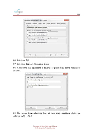 168
Formação de Green Belts Lean 6 Sigma
Prof. Alexandre Andrioli Iwankio
06. Selecione OK.
07. Selecione Scale...> Reference Lines.
08. A seguinte tela aparecerá e deverá ser preenchida como mostrado
abaixo:
09. No campo Show reference lines at time scale positions, digite os
valores 12,5 24,5.
 