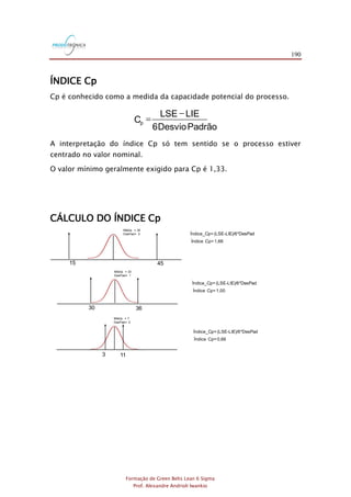 190
Formação de Green Belts Lean 6 Sigma
Prof. Alexandre Andrioli Iwankio
ÍNDICE Cp
Cp é conhecido como a medida da capacidade potencial do processo.
PadrãoDesvio6
LIELSE
Cp
-
=
A interpretação do índice Cp só tem sentido se o processo estiver
centrado no valor nominal.
O valor mínimo geralmente exigido para Cp é 1,33.
CÁLCULO DO ÍNDICE Cp
Índice_Cp= (LSE-LIE)/6*DesPad
Índice_Cp= (LSE-LIE)/6*DesPad
Índice_Cp= (LSE-LIE)/6*DesPad
3630
Média = 33
DesPad= 1
4515
Média = 30
DesPad= 3
Média = 7
DesPad= 2
113
Índice Cp= 1,66
Índice Cp= 1,00
Índice Cp= 0,66
 