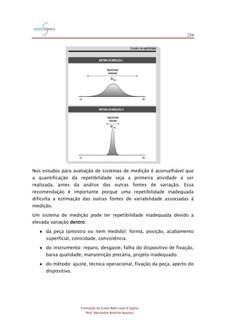 234
Formação de Green Belts Lean 6 Sigma
Prof. Alexandre Andrioli Iwankio
FIGURA 2.6
Conceito derepetibilidade
Repetibilidade
inadequada
Repetibilidade
adequada
6repe
6repe
LIE
LIE
LSE
LSE
SISTEMA DEMEDIÇÃO I
SISTEMA DEMEDIÇÃO II
Nos estudos para avaliação de sistemas de medição é aconselhável que
a quantificação da repetibilidade seja a primeira atividade a ser
realizada, antes da análise das outras fontes de variação. Essa
recomendação é importante porque uma repetibilidade inadequada
dificulta a estimação das outras fontes de variabilidade associadas à
medição.
Um sistema de medição pode ter repetibilidade inadequada devido a
elevada variação dentro:
 da peça (amostra ou item medido): forma, posição, acabamento
superficial, conicidade, consistência.
 do instrumento: reparo, desgaste, falha do dispositivo de fixação,
baixa qualidade, manutenção precária, projeto inadequado.
 do método: ajuste, técnica operacional, fixação da peça, aperto do
dispositivo.
 