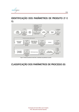 254
Formação de Green Belts Lean 6 Sigma
Prof. Alexandre Andrioli Iwankio
IDENTIFICAÇÃO DOS PARÂMETROS DE PRODUTO (Y E
Y)
Figura 7: Processo de emissão de notas fiscais - identificação dos parâmetros de produto
CLASSIFICAÇÃO DOS PARÂMETROS DE PROCESSO (X)
 