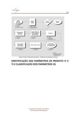 255
Formação de Green Belts Lean 6 Sigma
Prof. Alexandre Andrioli Iwankio
Figura 8: Processo de emissão de notas fiscais – classificação dos parâmetros de processo
IDENTIFICAÇÃO DOS PARÂMETROS DE PRODUTO (Y E
Y) E CLASSIFICAÇÃO DOS PARÂMETROS (X)
 