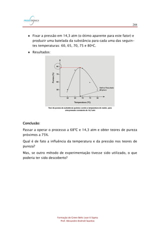 288
Formação de Green Belts Lean 6 Sigma
Prof. Alexandre Andrioli Iwankio
 Fixar a pressão em 14,3 atm (o ótimo aparente para este fator) e
produzir uma batelada da substância para cada uma das seguin-
tes temperaturas: 60, 65, 70, 75 e 80oC.
 Resultados:
Teor de pureza da substância química contra a temperatura do reator, para
uma pressão constante de 14,3 atm
Melhor Resultado
68 graus
Conclusão:
Passar a operar o processo a 68ºC e 14,3 atm e obter teores de pureza
próximos a 75%.
Qual é de fato a influência da temperatura e da pressão nos teores de
pureza?
Mas, se outro método de experimentação tivesse sido utilizado, o que
poderia ter sido descoberto?
 