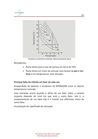 289
Formação de Green Belts Lean 6 Sigma
Prof. Alexandre Andrioli Iwankio
Resultados do experimento de otimização utilizando planejamento fatorial
Descobertas:
 Ponto ótimo para o teor de pureza em torno de 95%.
 Ponto ótimo em níveis de pressão mais baixos (o que é me-
lhor) e em temperaturas mais elevadas.
Principal falha do método um fator de cada vez:
Incapacidade de detectar a existência da INTERAÇÃO entre os fatores
temperatura e pressão.
Uma interação ocorre quando o efeito de um fator sobre a variável
resposta depende do nível em que está o outro fator, isto é, o
comportamento de um fator não é o mesmo nos diferentes níveis do
outro fator.
Visualização do significado da interação:
 