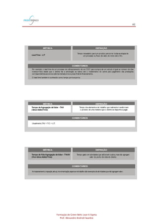 61
Formação de Green Belts Lean 6 Sigma
Prof. Alexandre Andrioli Iwankio
COMENTÁRIOS
Usualmente,TAV <T/C < L/T.
Écalculadaa partir daseguinte expressão: PCE= TAV .
Por exemplo,para um processo comTAV = 2 horas e = 6 dias(48 horas),a PCEé 2 / 48 = 0,0417 = 4,17%.
LeadTime
LeadTime
O trabalho em processo pode ser relacionado ao por meio daLei de : = WIP .
Taxade Saída
O excesso de trabalho em processo resulta em aumento de e de desperdícios(atividades que não agregam valor).
lead time Little LeadTime
lead time
takt TaktO tempo tem afunção de sincronizar os ritmosde produção e vendas. é umaexpressão alemãque significa ritmo.
Isto é:OEE= taxade disponibilidade x taxade desempenho x taxa de qualidade.
Se um processo completar um lote de 30 peçasacada10 minutos,o tempo de ciclo parao lote seráde 10 minutoseparaumapeça
individual seráde20segundos(10x 60segundos/ 30peças).
O tempo deciclo deveser determinado (cronometrado) por meio deobservação einclui,alémdo tempo deoperação,o tempo para
preparo,carregamento edescarregamento demateriais.
Por exemplo,o de um processo de refinanciamento de um CDC para compra de um veículo é igual ao número de dias
transcorridos desde que o cliente faz a solicitação ao banco até o recebimento do carnê para pagamento das prestações
correspondentesaosnovosvaloresmensaisenovo prazo final do financiamento.
lead time
O também é conhecido como tempo porta-a-porta.lead time
Armazenamento,inspeção, ,movimentação,esperaeretrabalho são exemplosdeatividadesquenão agregamvalor.set-up
Éfreqüente que osprocessosoperem com PCEinferior a10%.Melhorar esse resultado representaumagrande oportunidade para
redução decustos.
Também é conhecido como estoque em processo.
O trabalho em processo é qualquer trabalho que estejano processo e que aindanão esteja concluído.Algunsexemplossão notas
fiscaisaguardando processamento,e-mailsa serem respondidos,peçasaguardando pinturae clientes esperando atendimento.
O tempo de troca é medido pelo intervalo decorrido entre a fabricação da última peça do ciclo de produção que acabou de ser
finalizado eafabricação daprimeirapeçaperfeitado novo tipo deproduto.
Por exemplo, se uma empresa opera 25.200 segundos por dia e a demanda do cliente é 400 unidades por dia, o tempo é
63segundos(25.200/ 400= 63).
takt
Taxa de disponibilidade,que mede as paradas causadas por falhas nos equipamentos e por ajustes,percentualmente ao tempo
programado.
Taxadedesempenho,quemedeasparadasrelativasàvelocidadedeoperação,o funcionamento emvelocidadesmaisbaixasdo que
adeterminadaepequenasparadasdealgunssegundos.
Taxadequalidade,querepresentaasperdasgeradaspor refugo eretrabalho,percentualmenteao total deitensproduzidos.
A OEEé calculadaa partir da multiplicação dos valores dasseguintestaxas:
Se,por exemplo,ataxadedisponibilidadeé93%,ataxadedesempenho é98%eataxadequalidadeéigual a96%,então aOEEé87,5%
(0,93x 0,98x0,96= 0,875).
A taxa de saída (produção) pode ser visualizada como um índice médio de conclusão,isto é,quantos itens são concluídos a cada
segundo,minuto,hora,dia,semana,etc..Por exemplo,ataxamédiadesaídado processo derefinanciamento deCDC'sparaaquisição
deveículospodeser de50solicitaçõespor dia.
FIGURA 3.1
MÉTRICA DEFINIÇÃO
Tempo de Ciclo -T/C
( )CycleTime
LeadTime - L/T
Tempo deAgregação deValor -TAV
( )ValueAddedTime
Tempo de NãoAgregação deValor -TNAV
( )Non-ValueAddedTime
Eficiência do Ciclo do Processo - PCE
( )ProcessCycle Efficiency
Taxa de Saída
( )Throughput
Trabalho em Processo -WIP
(Work in Process)
Tempo de ouTempo deTroca -TR
( )
Setup
ChangeoverTime
Freqüência com que um produto é finalizado em um processo.
Tempo necessário paraum produto percorrer todasas etapas de
um processo ou fluxo de valor,do início até o fim.
Tempo doselementos de trabalho que realmente transformam
o produto de uma maneira que o cliente se disponhaa pagar.
Tempo gasto em atividades que adicionam custos,masnão agregam
valor do ponto de vistado cliente.
Indicador que mede a relação entre o tempo de agregação
de valor e o .lead time
Resultado de um processo ao longo de um período de tempo
definido,expresso em unidade / tempo.
Itens que estão dentro doslimitesdo processo,isto é,que foram
admitidosno processo,masainda não foram liberados.
Tempo
( )
Takt
TaktTime
EficáciaTotal do Equipamento - OEE
( )Overall Equipment Effectiveness
Indicador de Manutenção ProdutivaTotal ( ) que mede o grau
de eficáciano uso de um equipamento.
TPM
COMENTÁRIOS
Usualmente,TAV <T/C < L/T.
Écalculadaa partir daseguinte expressão: PCE= TAV .
Por exemplo,para um processo comTAV = 2 horas e = 6 dias(48 horas),a PCEé 2 / 48 = 0,0417 = 4,17%.
LeadTime
LeadTime
O trabalho em processo pode ser relacionado ao por meio daLei de : = WIP .
Taxade Saída
O excesso de trabalho em processo resulta em aumento de e de desperdícios(atividades que não agregam valor).
lead time Little LeadTime
lead time
takt TaktO tempo tem afunção de sincronizar os ritmosde produção e vendas. é umaexpressão alemãque significa ritmo.
Isto é:OEE= taxade disponibilidade x taxade desempenho x taxa de qualidade.
Se um processo completar um lote de 30 peçasacada10 minutos,o tempo de ciclo parao lote seráde 10 minutoseparaumapeça
individual seráde20segundos(10x 60segundos/ 30peças).
O tempo deciclo deveser determinado (cronometrado) por meio deobservação einclui,alémdo tempo deoperação,o tempo para
preparo,carregamento edescarregamento demateriais.
Por exemplo,o de um processo de refinanciamento de um CDC para compra de um veículo é igual ao número de dias
transcorridos desde que o cliente faz a solicitação ao banco até o recebimento do carnê para pagamento das prestações
correspondentesaosnovosvaloresmensaisenovo prazo final do financiamento.
lead time
O também é conhecido como tempo porta-a-porta.lead time
Armazenamento,inspeção, ,movimentação,esperaeretrabalho são exemplosdeatividadesquenão agregamvalor.set-up
Éfreqüente que osprocessosoperem com PCEinferior a10%.Melhorar esse resultado representaumagrande oportunidade para
redução decustos.
Também é conhecido como estoque em processo.
O trabalho em processo é qualquer trabalho que estejano processo e que aindanão esteja concluído.Algunsexemplossão notas
fiscaisaguardando processamento,e-mailsa serem respondidos,peçasaguardando pinturae clientes esperando atendimento.
O tempo de troca é medido pelo intervalo decorrido entre a fabricação da última peça do ciclo de produção que acabou de ser
finalizado eafabricação daprimeirapeçaperfeitado novo tipo deproduto.
Por exemplo, se uma empresa opera 25.200 segundos por dia e a demanda do cliente é 400 unidades por dia, o tempo é
63segundos(25.200/ 400= 63).
takt
Taxa de disponibilidade,que mede as paradas causadas por falhas nos equipamentos e por ajustes,percentualmente ao tempo
programado.
Taxadedesempenho,quemedeasparadasrelativasàvelocidadedeoperação,o funcionamento emvelocidadesmaisbaixasdo que
adeterminadaepequenasparadasdealgunssegundos.
Taxadequalidade,querepresentaasperdasgeradaspor refugo eretrabalho,percentualmenteao total deitensproduzidos.
A OEEé calculadaa partir da multiplicação dos valores dasseguintestaxas:
Se,por exemplo,ataxadedisponibilidadeé93%,ataxadedesempenho é98%eataxadequalidadeéigual a96%,então aOEEé87,5%
(0,93x 0,98x0,96= 0,875).
A taxa de saída (produção) pode ser visualizada como um índice médio de conclusão,isto é,quantos itens são concluídos a cada
segundo,minuto,hora,dia,semana,etc..Por exemplo,ataxamédiadesaídado processo derefinanciamento deCDC'sparaaquisição
deveículospodeser de50solicitaçõespor dia.
FIGURA 3.1
MÉTRICA DEFINIÇÃO
Tempo de Ciclo -T/C
( )CycleTime
LeadTime - L/T
Tempo deAgregação deValor -TAV
( )ValueAddedTime
Tempo de NãoAgregação deValor -TNAV
( )Non-ValueAddedTime
Eficiência do Ciclo do Processo - PCE
( )ProcessCycle Efficiency
Taxa de Saída
( )Throughput
Trabalho em Processo -WIP
(Work in Process)
Tempo de ouTempo deTroca -TR
( )
Setup
ChangeoverTime
Freqüência com que um produto é finalizado em um processo.
Tempo necessário paraum produto percorrer todasas etapas de
um processo ou fluxo de valor,do início até o fim.
Tempo doselementos de trabalho que realmente transformam
o produto de uma maneira que o cliente se disponhaa pagar.
Tempo gasto em atividades que adicionam custos,masnão agregam
valor do ponto de vistado cliente.
Indicador que mede a relação entre o tempo de agregação
de valor e o .lead time
Resultado de um processo ao longo de um período de tempo
definido,expresso em unidade / tempo.
Itens que estão dentro doslimitesdo processo,isto é,que foram
admitidosno processo,masainda não foram liberados.
Tempo
( )
Takt
TaktTime
EficáciaTotal do Equipamento - OEE
( )Overall Equipment Effectiveness
Indicador de Manutenção ProdutivaTotal ( ) que mede o grau
de eficáciano uso de um equipamento.
TPM
COMENTÁRIOS
Usualmente,TAV <T/C < L/T.
Écalculadaa partir daseguinte expressão: PCE= TAV .
Por exemplo,para um processo comTAV = 2 horas e = 6 dias(48 horas),a PCEé 2 / 48 = 0,0417 = 4,17%.
LeadTime
LeadTime
O trabalho em processo pode ser relacionado ao por meio daLei de : = WIP .
Taxade Saída
O excesso de trabalho em processo resulta em aumento de e de desperdícios(atividades que não agregam valor).
lead time Little LeadTime
lead time
Se um processo completar um lote de 30 peçasacada10 minutos,o tempo de ciclo parao lote seráde 10 minutoseparaumapeça
individual seráde20segundos(10x 60segundos/ 30peças).
O tempo deciclo deveser determinado (cronometrado) por meio deobservação einclui,alémdo tempo deoperação,o tempo para
preparo,carregamento edescarregamento demateriais.
Por exemplo,o de um processo de refinanciamento de um CDC para compra de um veículo é igual ao número de dias
transcorridos desde que o cliente faz a solicitação ao banco até o recebimento do carnê para pagamento das prestações
correspondentesaosnovosvaloresmensaisenovo prazo final do financiamento.
lead time
O também é conhecido como tempo porta-a-porta.lead time
Armazenamento,inspeção, ,movimentação,esperaeretrabalho são exemplosdeatividadesquenão agregamvalor.set-up
Éfreqüente que osprocessosoperem com PCEinferior a10%.Melhorar esse resultado representaumagrande oportunidade para
redução decustos.
Também é conhecido como estoque em processo.
O trabalho em processo é qualquer trabalho que estejano processo e que aindanão esteja concluído.Algunsexemplossão notas
fiscaisaguardando processamento,e-mailsa serem respondidos,peçasaguardando pinturae clientes esperando atendimento.
O tempo de troca é medido pelo intervalo decorrido entre a fabricação da última peça do ciclo de produção que acabou de ser
finalizado eafabricação daprimeirapeçaperfeitado novo tipo deproduto.
Por exemplo, se uma empresa opera 25.200 segundos por dia e a demanda do cliente é 400 unidades por dia, o tempo étakt
A taxa de saída (produção) pode ser visualizada como um índice médio de conclusão,isto é,quantos itens são concluídos a cada
segundo,minuto,hora,dia,semana,etc..Por exemplo,ataxamédiadesaídado processo derefinanciamento deCDC'sparaaquisição
deveículospodeser de50solicitaçõespor dia.
FIGURA 3.1
MÉTRICA DEFINIÇÃO
Tempo de Ciclo -T/C
( )CycleTime
LeadTime - L/T
Tempo deAgregação deValor -TAV
( )ValueAddedTime
Tempo de NãoAgregação deValor -TNAV
( )Non-ValueAddedTime
Eficiência do Ciclo do Processo - PCE
( )ProcessCycle Efficiency
Taxa de Saída
( )Throughput
Trabalho em Processo -WIP
(Work in Process)
Tempo de ouTempo deTroca -TR
( )
Setup
ChangeoverTime
Freqüência com que um produto é finalizado em um processo.
Tempo necessário paraum produto percorrer todasas etapas de
um processo ou fluxo de valor,do início até o fim.
Tempo doselementos de trabalho que realmente transformam
o produto de uma maneira que o cliente se disponhaa pagar.
Tempo gasto em atividades que adicionam custos,masnão agregam
valor do ponto de vistado cliente.
Indicador que mede a relação entre o tempo de agregação
de valor e o .lead time
Resultado de um processo ao longo de um período de tempo
definido,expresso em unidade / tempo.
Itens que estão dentro doslimitesdo processo,isto é,que foram
admitidosno processo,masainda não foram liberados.
Tempo
( )
Takt
TaktTime
FIGURA 3.1
MÉTRICA DEFINIÇÃO
Tempo de Ciclo -T/C
( )CycleTime
LeadTime - L/T
Tempo deAgregação deValor -TAV
( )ValueAddedTime
Tempo de NãoAgregação deValor -TNAV
( )Non-ValueAddedTime
Eficiência do Ciclo do Processo - PCE
( )ProcessCycle Efficiency
Taxa de Saída
( )Throughput
Trabalho em Processo -WIP
(Work in Process)
Tempo de ouTempo deTroca -TR
( )
Setup
ChangeoverTime
Freqüência com que um produto é finalizado em um processo.
Tempo necessário paraum produto percorrer todasas etapas de
um processo ou fluxo de valor,do início até o fim.
Tempo doselementos de trabalho que realmente transformam
o produto de uma maneira que o cliente se disponhaa pagar.
Tempo gasto em atividades que adicionam custos,masnão agregam
valor do ponto de vistado cliente.
Indicador que mede a relação entre o tempo de agregação
de valor e o .lead time
Resultado de um processo ao longo de um período de tempo
definido,expresso em unidade / tempo.
Itens que estão dentro doslimitesdo processo,isto é,que foram
admitidosno processo,masainda não foram liberados.
Tempo
( )
Takt
TaktTime
EficáciaTotal do Equipamento - OEE
( )Overall Equipment Effectiveness
Indicador de Manutenção ProdutivaTotal ( ) que mede o grau
de eficáciano uso de um equipamento.
TPM
COMENTÁRIOS
Usualmente,TAV <T/C < L/T.
Écalculadaa partir daseguinte expressão: PCE= TAV .
Por exemplo,para um processo comTAV = 2 horas e = 6 dias(48 horas),a PCEé 2 / 48 = 0,0417 = 4,17%.
LeadTime
LeadTime
O trabalho em processo pode ser relacionado ao por meio daLei de : = WIP .
Taxade Saída
O excesso de trabalho em processo resulta em aumento de e de desperdícios(atividades que não agregam valor).
lead time Little LeadTime
lead time
takt TaktO tempo tem afunção de sincronizar os ritmosde produção e vendas. é umaexpressão alemãque significa ritmo.
Se um processo completar um lote de 30 peçasacada10 minutos,o tempo de ciclo parao lote seráde 10 minutoseparaumapeça
individual seráde20segundos(10x 60segundos/ 30peças).
O tempo deciclo deveser determinado (cronometrado) por meio deobservação einclui,alémdo tempo deoperação,o tempo para
preparo,carregamento edescarregamento demateriais.
Por exemplo,o de um processo de refinanciamento de um CDC para compra de um veículo é igual ao número de dias
transcorridos desde que o cliente faz a solicitação ao banco até o recebimento do carnê para pagamento das prestações
correspondentesaosnovosvaloresmensaisenovo prazo final do financiamento.
lead time
O também é conhecido como tempo porta-a-porta.lead time
Armazenamento,inspeção, ,movimentação,esperaeretrabalho são exemplosdeatividadesquenão agregamvalor.set-up
Éfreqüente que osprocessosoperem com PCEinferior a10%.Melhorar esse resultado representaumagrande oportunidade para
redução decustos.
Também é conhecido como estoque em processo.
O trabalho em processo é qualquer trabalho que estejano processo e que aindanão esteja concluído.Algunsexemplossão notas
fiscaisaguardando processamento,e-mailsa serem respondidos,peçasaguardando pinturae clientes esperando atendimento.
O tempo de troca é medido pelo intervalo decorrido entre a fabricação da última peça do ciclo de produção que acabou de ser
finalizado eafabricação daprimeirapeçaperfeitado novo tipo deproduto.
Por exemplo, se uma empresa opera 25.200 segundos por dia e a demanda do cliente é 400 unidades por dia, o tempo é
63segundos(25.200/ 400= 63).
takt
Taxa de disponibilidade,que mede as paradas causadas por falhas nos equipamentos e por ajustes,percentualmente ao tempo
programado.
Taxadedesempenho,quemedeasparadasrelativasàvelocidadedeoperação,o funcionamento emvelocidadesmaisbaixasdo que
adeterminadaepequenasparadasdealgunssegundos.
Taxadequalidade,querepresentaasperdasgeradaspor refugo eretrabalho,percentualmenteao total deitensproduzidos.
A OEEé calculadaa partir da multiplicação dos valores dasseguintestaxas:
A taxa de saída (produção) pode ser visualizada como um índice médio de conclusão,isto é,quantos itens são concluídos a cada
segundo,minuto,hora,dia,semana,etc..Por exemplo,ataxamédiadesaídado processo derefinanciamento deCDC'sparaaquisição
deveículospodeser de50solicitaçõespor dia.
COMENTÁRIOS
Usualmente,TAV <T/C < L/T.
Écalculadaa partir daseguinte expressão: PCE= TAV .
Por exemplo,para um processo comTAV = 2 horas e = 6 dias(48 horas),a PCEé 2 / 48 = 0,0417 = 4,17%.
LeadTime
LeadTime
O trabalho em processo pode ser relacionado ao por meio daLei de : = WIP .
Taxade Saída
O excesso de trabalho em processo resulta em aumento de e de desperdícios(atividades que não agregam valor).
lead time Little LeadTime
lead time
Se um processo completar um lote de 30 peçasacada10 minutos,o tempo de ciclo parao lote seráde 10 minutoseparaumapeça
individual seráde20segundos(10x 60segundos/ 30peças).
O tempo deciclo deveser determinado (cronometrado) por meio deobservação einclui,alémdo tempo deoperação,o tempo para
preparo,carregamento edescarregamento demateriais.
Por exemplo,o de um processo de refinanciamento de um CDC para compra de um veículo é igual ao número de dias
transcorridos desde que o cliente faz a solicitação ao banco até o recebimento do carnê para pagamento das prestações
correspondentesaosnovosvaloresmensaisenovo prazo final do financiamento.
lead time
O também é conhecido como tempo porta-a-porta.lead time
Armazenamento,inspeção, ,movimentação,esperaeretrabalho são exemplosdeatividadesquenão agregamvalor.set-up
Éfreqüente que osprocessosoperem com PCEinferior a10%.Melhorar esse resultado representaumagrande oportunidade para
redução decustos.
Também é conhecido como estoque em processo.
O trabalho em processo é qualquer trabalho que estejano processo e que aindanão esteja concluído.Algunsexemplossão notas
fiscaisaguardando processamento,e-mailsa serem respondidos,peçasaguardando pinturae clientes esperando atendimento.
A taxa de saída (produção) pode ser visualizada como um índice médio de conclusão,isto é,quantos itens são concluídos a cada
segundo,minuto,hora,dia,semana,etc..Por exemplo,ataxamédiadesaídado processo derefinanciamento deCDC'sparaaquisição
deveículospodeser de50solicitaçõespor dia.
COMENTÁRIOS
Usualmente,TAV <T/C < L/T.
Écalculadaapartir daseguinte expressão: PCE= TAV .
Por exemplo,paraum processo comTAV = 2 horas e = 6 dias(48 horas),aPCEé 2 / 48 = 0,0417 = 4,17%.
LeadTime
LeadTime
Se um processo completar um lote de 30 peçasacada10 minutos,o tempo de ciclo parao lote seráde 10 minutoseparaumapeça
individual seráde20segundos(10x 60segundos/ 30peças).
O tempo deciclo deveser determinado (cronometrado) por meio deobservação einclui,alémdo tempo deoperação,o tempo para
preparo,carregamento edescarregamento demateriais.
Por exemplo,o de um processo de refinanciamento de um CDC para comprade um veículo é igual ao número de dias
transcorridos desde que o cliente faz a solicitação ao banco até o recebimento do carnê para pagamento das prestações
correspondentesaosnovosvaloresmensaisenovo prazo final do financiamento.
lead time
O também é conhecido como tempo porta-a-porta.lead time
Armazenamento,inspeção, ,movimentação,esperaeretrabalho são exemplosdeatividadesquenão agregamvalor.set-up
Éfreqüente que osprocessosoperem com PCEinferior a10%.Melhorar esse resultado representaumagrande oportunidade para
FIGURA 3.1
MÉTRICA DEFINIÇÃO
Tempo de Ciclo -T/C
( )CycleTime
LeadTime - L/T
Tempo deAgregação deValor -TAV
( )ValueAddedTime
Tempo de NãoAgregação deValor -TNAV
( )Non-ValueAddedTime
Eficiência do Ciclo do Processo - PCE
( )ProcessCycle Efficiency
Taxa de Saída
( )Throughput
Freqüênciacom que um produto é finalizado em um processo.
Tempo necessário paraum produto percorrer todasas etapas de
um processo ou fluxo de valor,do início até o fim.
Tempo doselementos de trabalho que realmente transformam
o produto de umamaneiraque o cliente se disponhaapagar.
Tempo gasto em atividades que adicionam custos,masnão agregam
valor do ponto de vistado cliente.
Indicador que mede arelação entre o tempo de agregação
de valor e o .lead time
Resultado de um processo ao longo de um período de tempo
definido,expresso em unidade / tempo.
FIGURA 3.1
MÉTRICA DEFINIÇÃO
Tempo de Ciclo -T/C
( )CycleTime
LeadTime - L/T
Tempo deAgregação deValor -TAV
( )ValueAddedTime
Tempo de NãoAgregação deValor -TNAV
( )Non-ValueAddedTime
Eficiência do Ciclo do Processo - PCE
( )ProcessCycle Efficiency
Taxa de Saída
( )Throughput
Trabalho em Processo -WIP
(Work in Process)
Tempo de ouTempo deTroca -TR
( )
Setup
ChangeoverTime
Freqüênciacom que um produto é finalizado em um processo.
Tempo necessário paraum produto percorrer todasas etapas de
um processo ou fluxo de valor,do início até o fim.
Tempo doselementos de trabalho que realmente transformam
o produto de umamaneiraque o cliente se disponhaapagar.
Tempo gasto em atividades que adicionam custos,masnão agregam
valor do ponto de vistado cliente.
Indicador que mede arelação entre o tempo de agregação
de valor e o .lead time
Resultado de um processo ao longo de um período de tempo
definido,expresso em unidade / tempo.
Itens que estão dentro doslimitesdo processo,isto é,que foram
admitidosno processo,masaindanão foram liberados.
 