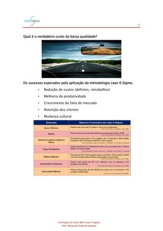 7
Formação de Green Belts Lean 6 Sigma
Prof. Alexandre Andrioli Iwankio
Qual é o verdadeiro custo da baixa qualidade?
Os sucessos esperados pela aplicação da metodologia Lean 6 Sigma:
• Redução de custos (defeitos, retrabalhos)
• Melhoria da produtividade
• Crescimento da fatia de mercado
• Retenção dos clientes
• Mudança cultural
 