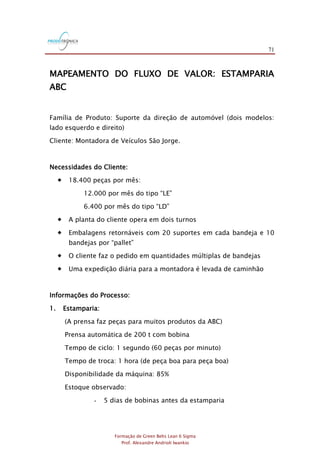 71
Formação de Green Belts Lean 6 Sigma
Prof. Alexandre Andrioli Iwankio
MAPEAMENTO DO FLUXO DE VALOR: ESTAMPARIA
ABC
Família de Produto: Suporte da direção de automóvel (dois modelos:
lado esquerdo e direito)
Cliente: Montadora de Veículos São Jorge.
Necessidades do Cliente:
 18.400 peças por mês:
12.000 por mês do tipo “LE”
6.400 por mês do tipo “LD”
 A planta do cliente opera em dois turnos
 Embalagens retornáveis com 20 suportes em cada bandeja e 10
bandejas por “pallet”
 O cliente faz o pedido em quantidades múltiplas de bandejas
 Uma expedição diária para a montadora é levada de caminhão
Informações do Processo:
1. Estamparia:
(A prensa faz peças para muitos produtos da ABC)
Prensa automática de 200 t com bobina
Tempo de ciclo: 1 segundo (60 peças por minuto)
Tempo de troca: 1 hora (de peça boa para peça boa)
Disponibilidade da máquina: 85%
Estoque observado:
- 5 dias de bobinas antes da estamparia
 