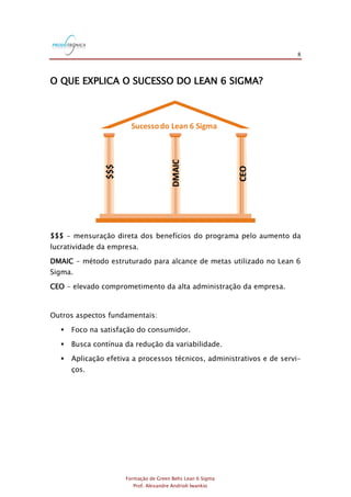 8
Formação de Green Belts Lean 6 Sigma
Prof. Alexandre Andrioli Iwankio
O QUE EXPLICA O SUCESSO DO LEAN 6 SIGMA?
Sucessodo Lean 6 Sigma
$$$
DMAIC
CEO
$$$ - mensuração direta dos benefícios do programa pelo aumento da
lucratividade da empresa.
DMAIC - método estruturado para alcance de metas utilizado no Lean 6
Sigma.
CEO - elevado comprometimento da alta administração da empresa.
Outros aspectos fundamentais:
 Foco na satisfação do consumidor.
 Busca contínua da redução da variabilidade.
 Aplicação efetiva a processos técnicos, administrativos e de servi-
ços.
 
