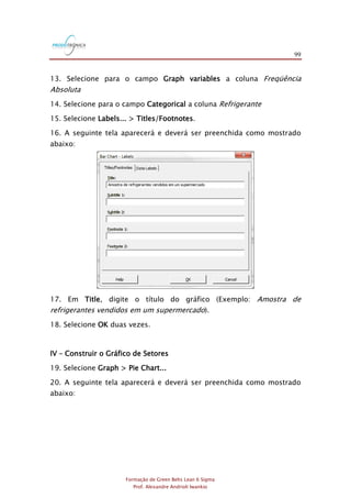 99
Formação de Green Belts Lean 6 Sigma
Prof. Alexandre Andrioli Iwankio
13. Selecione para o campo Graph variables a coluna Freqüência
Absoluta
14. Selecione para o campo Categorical a coluna Refrigerante
15. Selecione Labels... > Titles/Footnotes.
16. A seguinte tela aparecerá e deverá ser preenchida como mostrado
abaixo:
17. Em Title, digite o título do gráfico (Exemplo: Amostra de
refrigerantes vendidos em um supermercado).
18. Selecione OK duas vezes.
IV – Construir o Gráfico de Setores
19. Selecione Graph > Pie Chart...
20. A seguinte tela aparecerá e deverá ser preenchida como mostrado
abaixo:
 