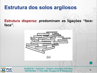 SLIDES 02 – Capítulo 1 - Origem e formação dos solos
GEOTECNIA I – Prof. MSc. Douglas M. A. Bittencourt
Estrutura dos solos argilosos
40
Estrutura dispersa: predominam as ligações “face-
face”.
 