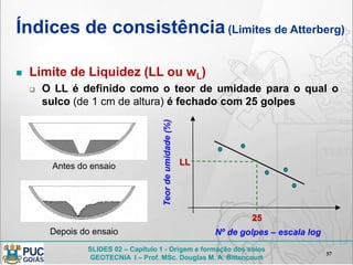 SLIDES 02 – Capítulo 1 - Origem e formação dos solos
GEOTECNIA I – Prof. MSc. Douglas M. A. Bittencourt
Índices de consistência(Limites de Atterberg)
 Limite de Liquidez (LL ou wL)
 O LL é definido como o teor de umidade para o qual o
sulco (de 1 cm de altura) é fechado com 25 golpes
57
Antes do ensaio
Depois do ensaio
25
Nº de golpes – escala log
Teordeumidade(%)
LL
 