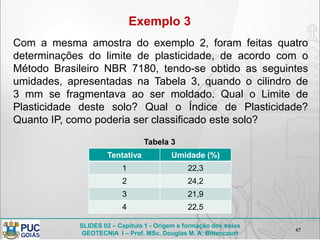 SLIDES 02 – Capítulo 1 - Origem e formação dos solos
GEOTECNIA I – Prof. MSc. Douglas M. A. Bittencourt
67
Exemplo 3
Com a mesma amostra do exemplo 2, foram feitas quatro
determinações do limite de plasticidade, de acordo com o
Método Brasileiro NBR 7180, tendo-se obtido as seguintes
umidades, apresentadas na Tabela 3, quando o cilindro de
3 mm se fragmentava ao ser moldado. Qual o Limite de
Plasticidade deste solo? Qual o Índice de Plasticidade?
Quanto IP, como poderia ser classificado este solo?
Tentativa Umidade (%)
1 22,3
2 24,2
3 21,9
4 22,5
Tabela 3
 