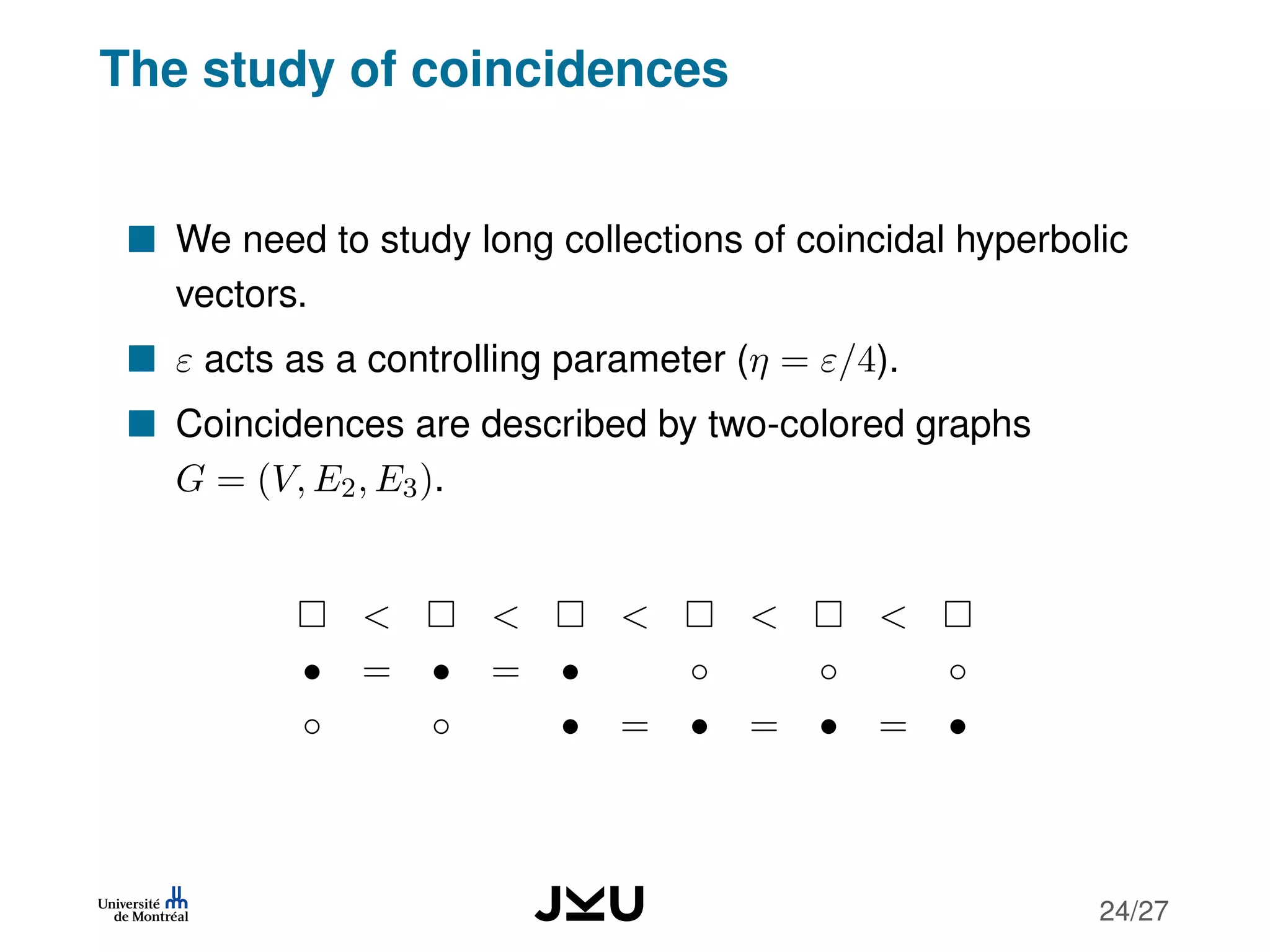 The study of coincidences
We need to study long collections of coincidal hyperbolic
vectors.
ε acts as a controlling parameter (η = ε/4).
Coincidences are described by two-colored graphs
G = (V, E2, E3).
< < < < <
• = • = • ◦ ◦ ◦
◦ ◦ • = • = • = •
24/27
 