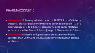 PHARMACOKINETIC
• Absorption: Following administration of ZEPATIER to HCV-infected
subjects, elbasvir peak concentrations occur at a median Tmax of 3
hours (range of 3 to 6 hours); grazoprevir peak concentrations
occur at a median Tmax of 2 hours (range of 30 minutes to 3 hours).
• Distribution: Elbasvir and grazoprevir are extensively bound
(greater than 99.9% and 98.8%, respectively) to human plasma
proteins.
 