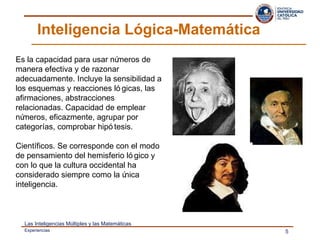 Inteligencia Lógica-Matemática Es la capacidad para usar números de manera efectiva y de razonar adecuadamente. Incluye la sensibilidad a los esquemas y reacciones lógicas, las  afirmaciones, abstracciones relacionadas. Capacidad de emplear números, eficazmente, agrupar por categorías, comprobar hipótesis. Científicos. Se corresponde con el modo de pensamiento del hemisferio lógico y con lo que la cultura occidental ha considerado siempre como la única inteligencia.  