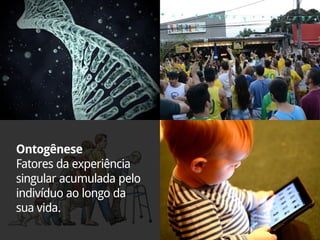Ontogênese
Fatores da experiência
singular acumulada pelo
indivíduo ao longo da
sua vida.
 