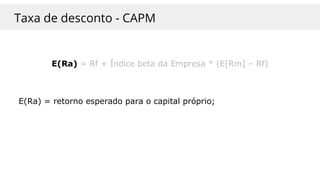 Taxa de desconto - CAPM
E(Ra) = Rf + Índice beta da Empresa * (E[Rm] – Rf)
E(Ra) = retorno esperado para o capital próprio;
 