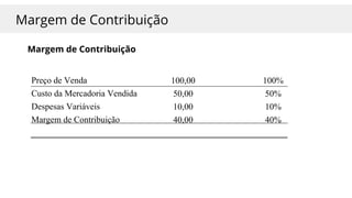 Margem de Contribuição
Margem de Contribuição
Preço de Venda 100,00 100%
Custo da Mercadoria Vendida 50,00 50%
Despesas Variáveis 10,00 10%
Margem de Contribuição 40,00 40%
 
