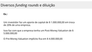 Diversos funding rounds e diluição
Ex.:
Um investidor faz um aporte de capital de $ 1.000.000,00 em troca
de 20% de uma empresa.
Isso faz com que a empresa tenha um Post-Money Valuation de $
5.000.000,00
O Pre-Money Valuation implícito fica em $ 4.000.000,00
 