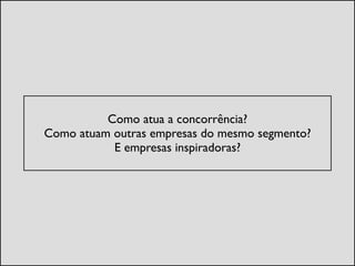 !
Como atua a concorrência?	

Como atuam outras empresas do mesmo segmento?	

E empresas inspiradoras?	

 