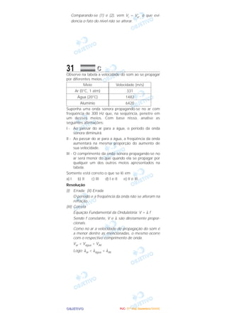 OOOOBBBBJJJJEEEETTTTIIIIVVVVOOOO
Comparando-se (1) e (2), vem Vi = Va , o que evi-
dencia o fato do nível não se alterar.
31 CCCC
Observe na tabela a velocidade do som ao se propagar
por diferentes meios.
Suponha uma onda sonora propagando-se no ar com
freqüência de 300 Hz que, na seqüência, penetre em
um desses meios. Com base nisso, analise as
seguintes afirmações:
I - Ao passar do ar para a água, o período da onda
sonora diminuirá.
II - Ao passar do ar para a água, a freqüência da onda
aumentará na mesma proporção do aumento de
sua velocidade.
III - O comprimento da onda sonora propagando-se no
ar será menor do que quando ela se propagar por
qualquer um dos outros meios apresentados na
tabela.
Somente está correto o que se lê em
a) I b) II c) III d) I e II e) II e III
Resolução
(I) Errada; (II) Errada
O período e a freqüência da onda não se alteram na
refração.
(III) Correta
Equação Fundamental da Ondulatória: V = λ f
Sendo f constante, V e λ são diretamente propor-
cionais.
Como no ar a velocidade de propagação do som é
a menor dentre as mencionadas, o mesmo ocorre
com o respectivo comprimento de onda.
Var < Vágua < VAᐉ
Logo: λar < λágua < λAᐉ
Velocidade (m/s)
331
1482
6420
Meio
Ar (0°C, 1 atm)
Água (20°C)
Alumínio
PPPPUUUUCCCC---- ((((1111ºººº DDDDiiiiaaaa)))) DDDDeeeezzzzeeeemmmmbbbbrrrroooo////2222000000005555
 