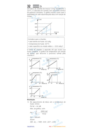 OOOOBBBBJJJJEEEETTTTIIIIVVVVOOOO
32 DDDD
Um bloco de chumbo de massa 1,0 kg, inicialmente a
227°C, é colocado em contato com uma fonte térmica
de potência constante. O gráfico mostra como varia a
quantidade de calor absorvida pelo bloco em função do
tempo.
O bloco de chumbo é aquecido até que ocorra sua
fusão completa. O gráfico da temperatura em função
do tempo, que descreve o processo sofrido pelo
chumbo é
Resolução
1) No aquecimento do bloco até a temperatura de
fusão, temos:
Pot ∆t = mc ∆θ
Mas, do gráfico, vem:
Pot = =
Pot = 300cal/s
Assim:
300 . ∆t1 = 1000 . 0,03 . (327 – 227)
3000 (cal)
–––––––––
10 (s)
Q
–––
∆t
Considere para o chumbo:
• calor latente de fusão: 6,0 cal/g
• temperatura de fusão: 327°C
• calor específico no estado sólido c = 0,03 cal/g C
PPPPUUUUCCCC---- ((((1111ºººº DDDDiiiiaaaa)))) DDDDeeeezzzzeeeemmmmbbbbrrrroooo////2222000000005555
 