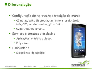 Diferenciação Configuração de hardware e tradição da marca Câmeras, WiFi, Bluetooth, tamanho e resolução da tela, GPS, accelerometer, giroscópio... Cybershot, Walkman... Serviços e conteúdo exclusivo Aplicações, músicas e videos PlayNow... Usabilidade Experiência do usuário 