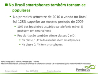 No Brasil smartphones também tornam-se populares No primeiro semestre de 2010 a venda no Brasil foi 128% superior ao mesmo período de 2009 10% dos brasileiros usuários da telefonia móvel já possuem um smartphone Popularização também atinge classes C e D Na classe C ,11% dos usuários tem smartphones Na classe D, 4% tem smartphones Fonte: Pesquisa da Nielsen publicada pela Teletime http://www.teletime.com.br/08/09/2010/venda-de-smartphone-cresce-128-no-semestre-aponta-nielsen/tt/198276/news.aspx 