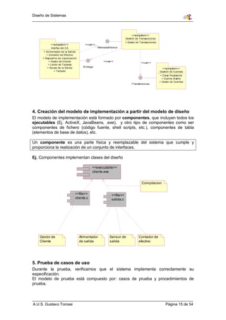 Diseño de Sistemas




                                                                                 <<subsystem>>
                                                                           Gesti ón de Transacci ones
                                                                           + Gestor de Transacciones
            <<subsystem>>                 <<use>>
            Interfaz del CA                         IRetiradaEfecti vo
      + Ali mentador de la Salida
        + Contador de Efecti vo
     + Dispositivo de vi sualización
          + Gestor de Cl iente                           <<use>>
                                                                                        <<use>>
          + Lector de Tarjetas
         + Sensor de la Sal ida          IEntrega
                                                                                                         <<subsystem>>
               + Teclado                                                                                Gesti ón de Cuentas
                                                                                                         + Clase Persistente
                                                                                                          + Cuenta Di seño
                                                                                                        + Gestor de Cuentas
                                                                                ITransferencias




4. Creación del modelo de implementación a partir del modelo de diseño
El modelo de implementación está formado por componentes, que incluyen todos los
ejecutables (Ej. ActiveX, JavaBeans, .exe), y otro tipo de componentes como ser
componentes de fichero (código fuente, shell scripts, etc.), componentes de tabla
(elementos de base de datos), etc.

Un componente es una parte física y reemplazable del sistema que cumple y
proporciona la realización de un conjunto de interfaces.

Ej. Componentes implementan clases del diseño

                                                <<executable>>
                                                cliente.exe


                                                                                        Compilacion


                                  <<file>>                      <<file>>
                                  cliente.c                     salida.c




    Gestor de                          Alimentador             Sensor de              Contador de
    Cliente                            de salida               salida                 efectivo




5. Prueba de casos de uso
Durante la prueba, verificamos que el sistema implementa correctamente su
especificación.
El modelo de prueba está compuesto por: casos de prueba y procedimientos de
prueba.



A.U.S. Gustavo Torossi                                                                                       Página 15 de 54
 