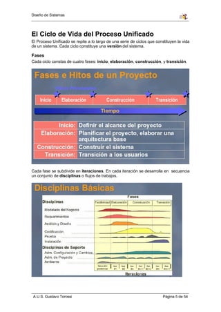 Diseño de Sistemas




El Ciclo de Vida del Proceso Unificado
El Proceso Unificado se repite a lo largo de una serie de ciclos que constituyen la vida
de un sistema. Cada ciclo constituye una versión del sistema.

Fases
Cada ciclo constas de cuatro fases: inicio, elaboración, construcción, y transición.




Cada fase se subdivide en iteraciones. En cada iteración se desarrolla en secuencia
un conjunto de disciplinas o flujos de trabajos.




A.U.S. Gustavo Torossi                                                   Página 5 de 54
 