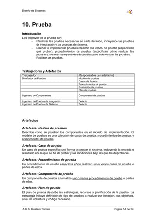Diseño de Sistemas




10. Prueba
Introducción
Los objetivos de la prueba son:
       - Planificar las pruebas necesarias en cada iteración, incluyendo las pruebas
           de integración y las pruebas de sistema.
       - Diseñar e implementar pruebas creando los casos de prueba (especifican
           qué probar), procedimientos de prueba (especifican cómo realizar las
           pruebas), creando componentes de prueba para automatizar las pruebas.
       - Realizar las pruebas.



Trabajadores y Artefactos
Trabajador                                   Responsable de (artefacto)
Diseñador de Pruebas                         Modelo de pruebas
                                             Casos de Prueba
                                             Procedimientos de prueba
                                             Evaluación de pruebas
                                             Plan de pruebas

Ingeniero de Componentes                     Componente de pruebas

Ingeniero de Pruebas de Integración          Defecto
Ingeniero de Pruebas de Sistema              Defecto




Artefactos

Artefacto: Modelo de pruebas
Describe como se prueban los componentes en el modelo de implementación. El
modelo de pruebas es una colección de casos de prueba, procedimientos de prueba, y
componentes de prueba.

Artefacto: Caso de prueba
Un caso de prueba especifica una forma de probar el sistema, incluyendo la entrada o
resultado con la que se ha de probar y las condiciones bajo las que ha de probarse.

Artefacto: Procedimiento de prueba
Un procedimiento de prueba especifica cómo realizar uno o varios casos de prueba o
partes de estos.

Artefacto: Componente de prueba
Un componente de prueba automatiza uno o varios procedimientos de prueba o partes
de ellos.

Artefacto: Plan de prueba
El plan de prueba describe las estrategias, recursos y planificación de la prueba. La
estrategia incluye definición de tipo de pruebas a realizar por iteración, sus objetivos,
nivel de cobertura y código necesario.


A.U.S. Gustavo Torossi                                                    Página 51 de 54
 
