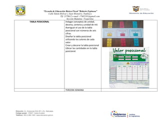 “Escuela de Educación Básica Fiscal “Roberto Espinosa”
Calle Simón Bolívar y Juan Montalvo, Tumbaco.
Tlf: 2370612 e-mail: 17h02101@gmail.com
Sección Matutina –Vespertina
Dirección: Av. Amazonas N34-451 y Av. Atahualpa.
Código postal: 170507 / Quito-Ecuador
Teléfono: 593-2-396-1300 / www.educacion.gob.ec
TABLA POSICIONAL Indagar conceptos de unidad,
decena, centena y unidad de mil.
Averiguar el uso de la tabla
posicional con números de seis
cifras.
Diseñar la tabla posicional
utilizando los colores de cada
valor.
Crear y decorar la tabla posicional
Ubicar las cantidades en la tabla
posicional.
TERCERA SEMANA
 