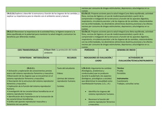 nocivos por consumo de drogas estimulantes, depresoras y alucinógenas en su
cuerpo.
CN.3.2.6.Explorar y describir la estructura y función de los órganos de los sentidos, y
explicar su importancia para la relación con el ambiente social y natural.
CE.CN.3.5. Propone acciones para la salud integral (una dieta equilibrada, actividad
física, normas de higiene y el uso de medicinasancestrales) a partir de la
comprensión e indagación de la estructura y función de los aparatos digestivo,
respiratorio, circulatorio,excretor y de los órganos de los sentidos, relacionándolos
con las enfermedades, los desórdenes alimenticios (bulimia,anorexia) y los efectos
nocivos por consumo de drogas estimulantes, depresoras y alucinógenas en su
cuerpo.
CN.3.2.7.Reconocer la importancia de la actividad física, la higiene corporal y la
dieta equilibrada en la pubertad para mantener la salud integral y comunicar los
beneficios por diferentes medios.
CE.CN.3.5. Propone acciones para la salud integral (una dieta equilibrada, actividad
física, normas de higiene y el uso de medicinasancestrales) a partir de la
comprensión e indagación de la estructura y función de los aparatos digestivo,
respiratorio, circulatorio,excretor y de los órganos de los sentidos, relacionándolos
con las enfermedades, los desórdenes alimenticios (bulimia,anorexia) y los efectos
nocivos por consumo de drogas estimulantes, depresoras y alucinógenas en su
cuerpo.
EJES TRANSVERSALES El Buen Vivir: La protección del medio
ambiente
PERÍODOS 30 SEMANA DE INICIO
ESTRATEGIAS METODOLÓGICAS RECURSOS INDICADORES DE EVALUACIÓN /
LOGRO
ACTIVIDADES DE
EVALUACIÓN/TÉCNICA/INSTRUMENTO
CN.3.2.1.
• Activación y exploración de conocimientos previos
acerca del sistema reproductor femenino y masculino.
•Observación de los órganos que se encuentran en el
sistema reproductor femenino y masculino.
• Descripción de la estructura del sistema reproductor
femenino y masculino.
• Explicación de la función del sistema reproductor
humano.
• Investigación de las características hereditarias en el
sistema reproductor humano.
• Identificación de la importancia de la transacción de
las características hereditarias.
• Gráfico del aparato reproductor masculino y
femenino con sus partes.
Texto del estudiante
Videos
Láminas del sistema
reproductor humano.
Carteles
I.CN.3.4.2. Argumenta los cambios
(fisiológicos, anatómicos y
conductuales) que se producen
durante la pubertad y los aspectos
(biológicos, psicológicos y sociales)
que determinan la sexualidad como
manifestación humana. (J.3., J.4.)
 Identifica los órganos del
sistema reproductor humano.
 Reconoce la función del
sistema reproductor femenino
y masculino.
Técnica:
Prueba
Portafolio
Instrumento:
Cuestionario
Trabajos, consultas varias
 