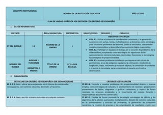 LOGOTIPO INSTITUCIONAL
NOMBRE DE LA INSTITUCIÓN EDUCATIVA AÑO LECTIVO
PLAN DE UNIDAD DIDÁCTICA POR DESTREZA CON CRITERIO DE DESEMPEÑO
1. DATOS INFORMATIVOS
DOCENTE: ÁREA/ASIGNATURA: MATEMÁTICA GRADO/CURSO: SEGUNDO PARALELO:
Nº DEL BLOQUE 1-2
NÚMERO DE LA
UNIDAD
1
OBJETIVOS ESPECÍFICOS
 O.M.3.1. Utilizar el sistema de coordenadas cartesianas, y la generación
sucesiones con sumas, restas, multiplicaciones y divisiones como estrategias
para solucionar problemas del entorno, justificar resultados, comprender
modelos matemáticos y desarrollar el pensamiento lógico-matemático.
 O.M.3.2. Participar en equipos de trabajo, en la solución de problemas de la
vida cotidiana, empleando como estrategias los algoritmos de las
operaciones con números naturales, decimales y fracciones, la tecnología y
los conceptos de proporcionalidad.
 O.M.3.3. Resolver problemas cotidianos que requieran del cálculo de
perímetros y áreas de polígonos regulares; la estimación y medición de
longitudes, áreas, volúmenes y masas de objetos; la conversión de unidades
y el uso de la tecnología, para comprender el espacio en el cual se
desenvuelve.
NOMBRE DEL
BLOQUE
ALGEBRA Y
FUNCIONES
GEOMETRÍA Y
MEDIDA
TÍTULO DE LA
UNIDAD
ECUADOR
RECICLA
2. PLANIFICACIÓN
DESTREZAS CON CRITERIO DE DESEMPEÑO A SER DESARROLLADAS CRITERIOS DE EVALUACIÓN
M. 3. 1. 2. Leer y ubicar pares ordenados en el sistema de coordenadas
rectangulares, con números naturales, decimales y fracciones.
CE.M.3.6. Formula y resuelve problemas de proporcionalidad directa e inversa;
emplea, como estrategias de solución, el planteamiento de razones y proporciones
provenientes de tablas, diagramas y gráficas cartesianas; y explica de forma
razonada los procesos empleados y la importancia del manejo honesto y
responsable de documentos comerciales.
M. 3. 1. 4. Leer y escribir números naturales en cualquier contexto. CE.M.3.1. Emplea de forma razonada la tecnología, estrategias de cálculo y los
algoritmos de la adición, sustracción, multiplicación y división de números naturales,
en el planteamiento y solución de problemas, la generación de sucesiones
numéricas, la revisión de procesos y la comprobación de resultados; explica con
 