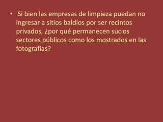 • Si bien las empresas de limpieza puedan no
  ingresar a sitios baldíos por ser recintos
  privados, ¿por qué permanecen sucios
  sectores públicos como los mostrados en las
  fotografías?
 