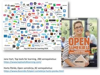 Jane Hart, Top tools for learning, 200 somepalvelua:
https://www.toptools4learning.com/
Harto Pönkä, Open somekirja, 82 somepalvelua:
https://www.docendo.fi/open-somekirja-harto-ponka.html
 