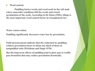  Weed control.
Puddling buries weeds and weed seeds in the soft mud
where anaerobic conditions kill the weeds and retard
germination of the seeds. According to De Datta (1981), tillage is
the most important weed control factor in transplanted rice.
Water conservation.
Puddling significantly decreases water loss by percolation.
Field measurements indicate that the reduction by puddling
reduces percolation losses to about one third of those in
nonpuddled soils (Wickham and Singh 1978).
But the long-term effects of puddling lead to plow pan or traffic
pan formation that may reduce percolation drastically.
 