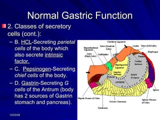 Normal Gastric Function 2. Classes of secretory cells (cont.): B.  HCL -Secreting  parietal cells  of the body which also secrete  intrinsic factor. C.  Pepsinogen -Secreting  chief cells  of the body. D.  Gastrin -Secreting  G cells  of the Antrum (body has 2 sources of Gastrin stomach and pancreas). 