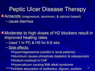 Peptic Ulcer Disease Therapy Antacids  (magnesium, aluminum, & calcium based)  cause diarrhea Moderate to high doses of H2 blockers result in improved healing rates Used 1 hr PC & HS for 6-8 wks Side effects: Hypermagnesemia (careful in renal patients) Aluminum causes phosphate depletion & osteoporosis Sodium overload in CHF Hypercalcium causing Milk alkali syndrome Inhibits absorption of antibiotics, digoxin, warfarin 