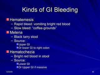 Kinds of GI Bleeding Hematemesis Rapid bleed: vomiting bright red blood Slow bleed: “coffee-grounds” Melena Black tarry stool Source: Upper GI Or lower GI to right colon Hematochezia Bright red blood in stool Source: Lower GI Or Upper GI if massive 