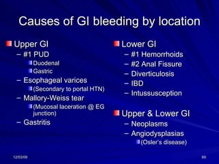 Causes of GI bleeding by location Upper GI  #1 PUD Duodenal Gastric Esophageal varices (Secondary to portal HTN) Mallory-Weiss tear  (Mucosal laceration @ EG junction) Gastritis Lower GI  #1 Hemorrhoids #2 Anal Fissure Diverticulosis IBD Intussusception Upper & Lower GI Neoplasms Angiodysplasias  (Osler’s disease) 